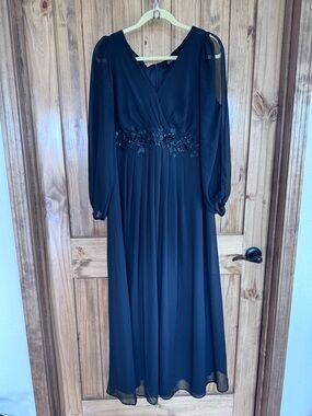Ever Pretty Black Long Sleeve V-Neck Chiffon Gown with Floral Waist